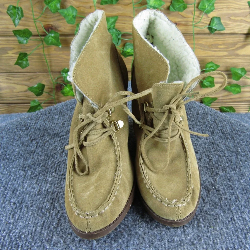 Michael Kors Women 6 Tan Suede Wedge Booties Shearling Lined Lace-Up Ankle Boots